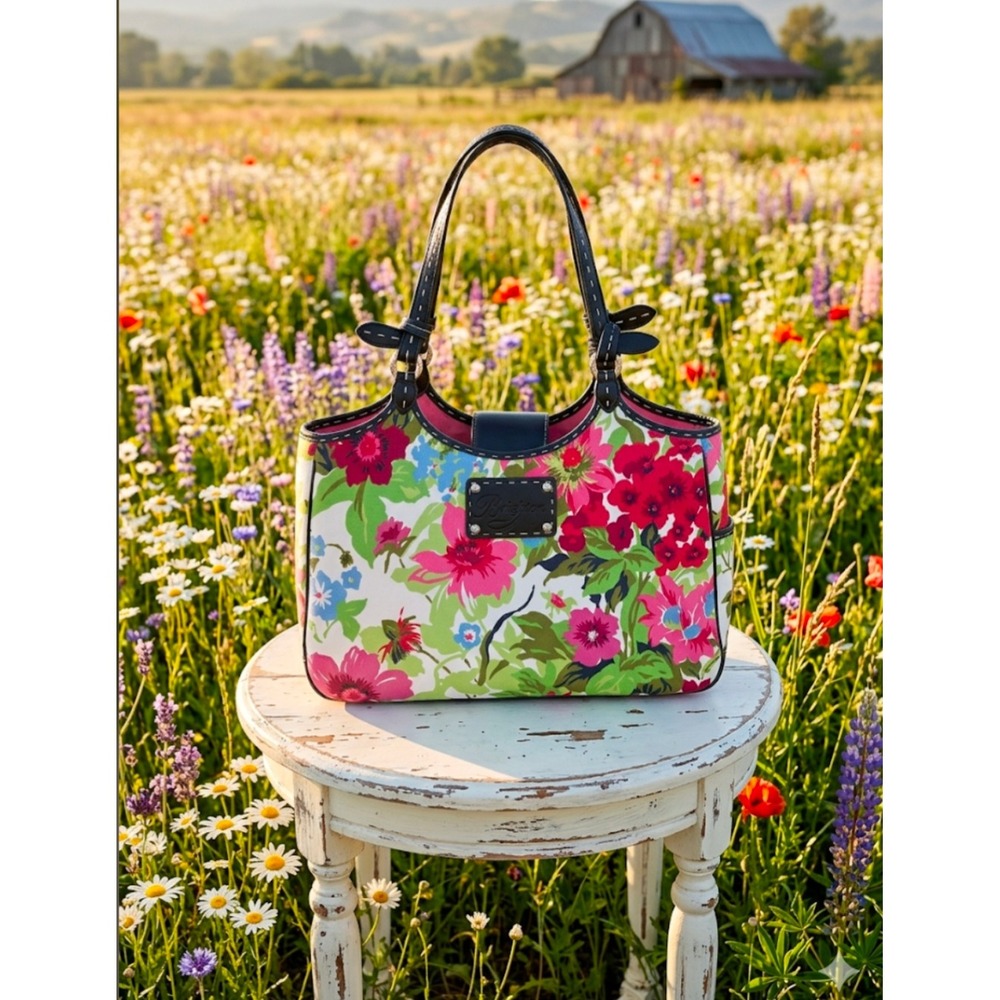 Brighton Floral Canvas Leather Trim Shoulder Bag Multi Color D145501 Medium Tote